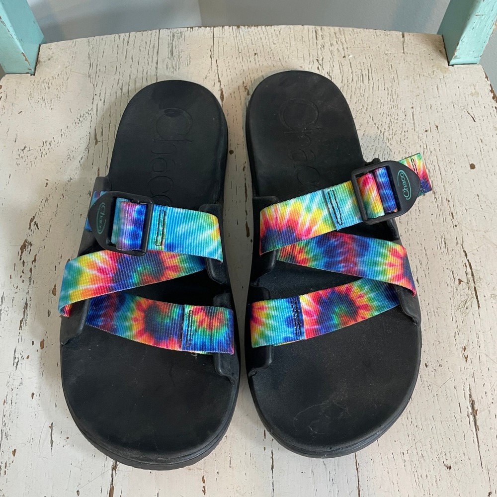 Chaco Chillos Slide Sandals Womens 10 Tie Dye Rainbow Straps Black Base